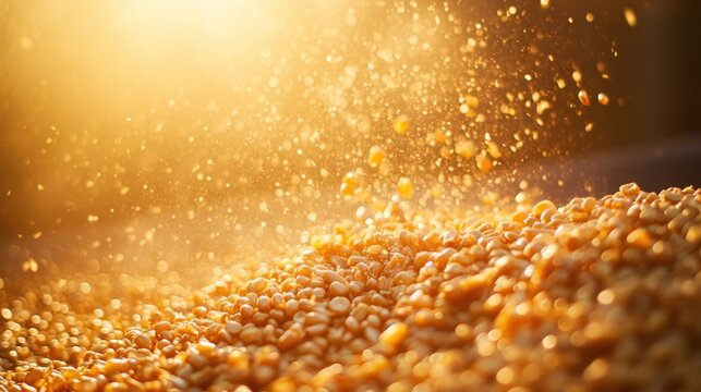 Golden kernels of corn fall in a stream of light, creating a warm and textured scene