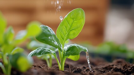 Fresh spinach sprouts flourish under gentle rain in a warm garden setting