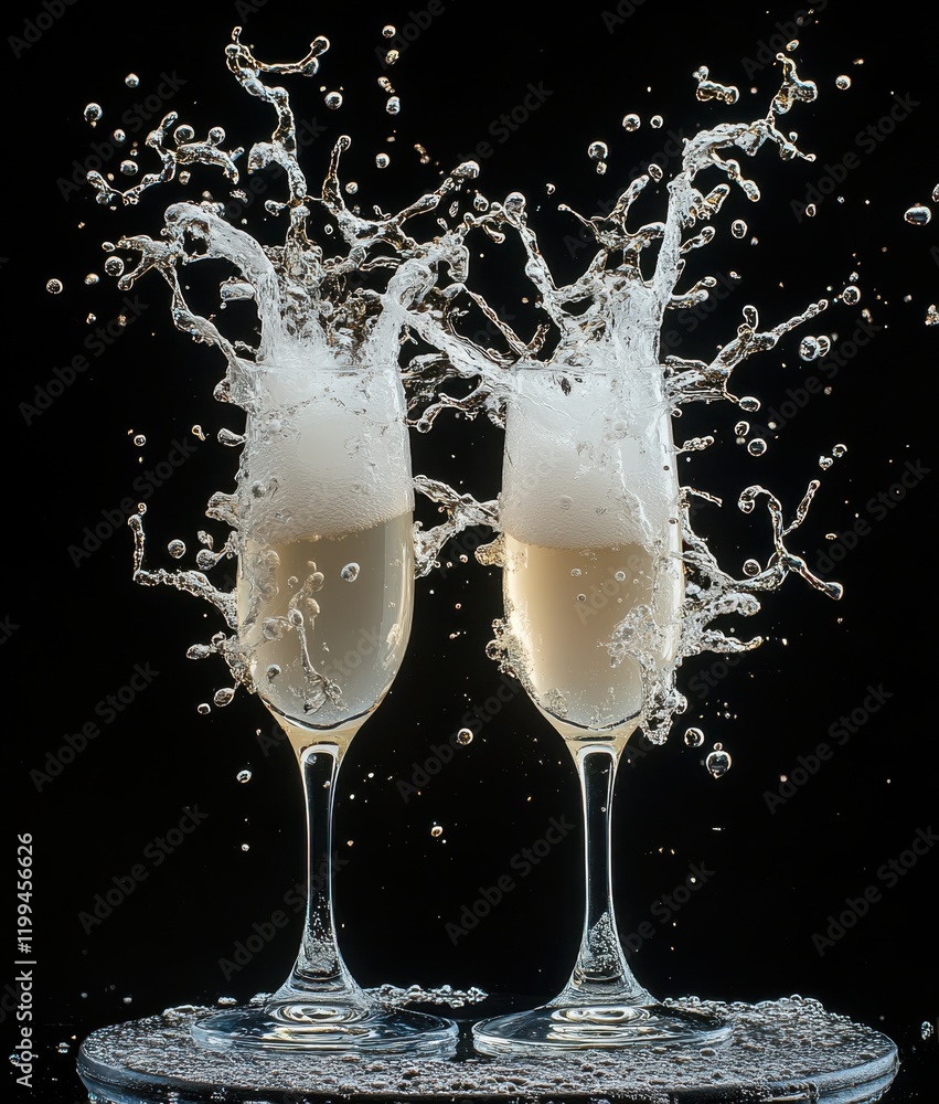 Poster toasting with elegance: two flutes of sparkling bubbly clink together, creating a splash of refreshi