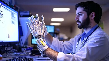 A biomedical engineer working with 3D printing technology to create custom prosthetics, demonstrating how engineering advances are improving healthcare