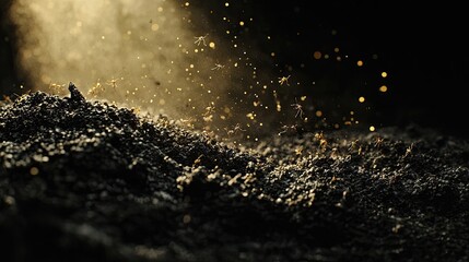 Swarm of ants on soil illuminated by golden light, displaying motion and teamwork. Dynamic composition, natural behavior, cooperative colony, insects in their habitat. Generative AI