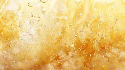 A close-up of bubbly golden liquid, reminiscent of beer or soda, with vibrant textures and effervescent bubbles creating an engaging visual.