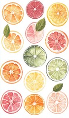 A vibrant arrangement of various citrus fruit slices, showcasing colors and textures of oranges, lemons, limes, and grapefruits.