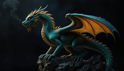 Obraz premium Majestic Teal Dragon on a Dark Rock: A 3D Rendered Fantasy Creature