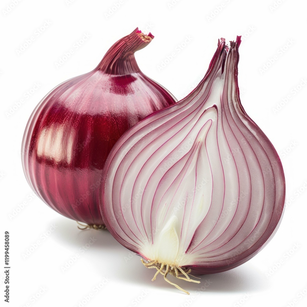 Poster one whole red onion and one half cut red onion showing inside layers are lying on a white background