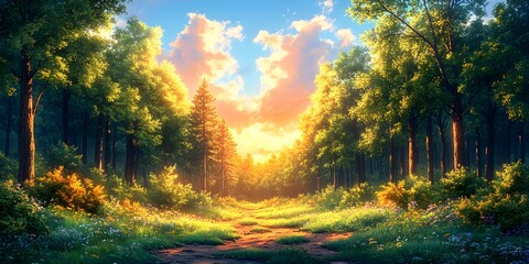 Obraz premium Serene Panoramic Forest View with Vibrant Colors - Generative AI