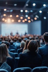Audience engaged in conference, illuminated by warm stage lights