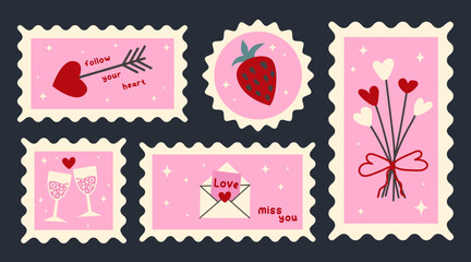 Set of vintage postage stamps. Collection of hand drawn pink Valentine`s Day sticker. Vector romantic icons pack in retro style. Design concept for 14 February.
