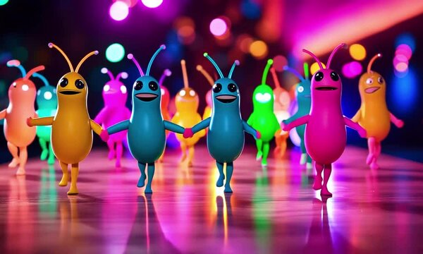 A long conga line of aliens with stretchy arms and legs, dancing in perfect harmony as their UFO plays festive music in the background, flashing with colorful lights, 4k Animation Video