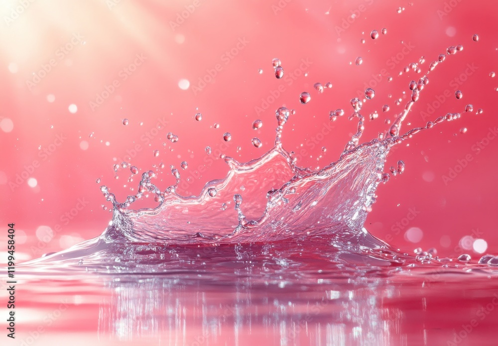 Poster water splash with pink background and glowing light reflecting on surface creating an artistic and c