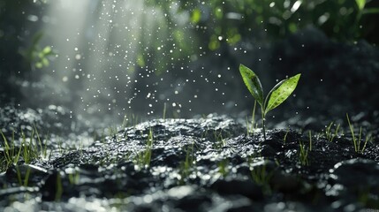 Green sprout on forest soil illuminated by golden sunlight, surrounded by sparkling particles. Represents nature's vitality, growth, and renewal in a serene atmosphere. Generative AI.