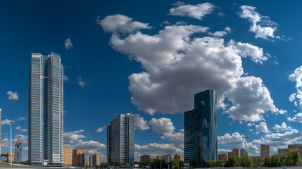Fototapeta premium 近代的な高層ビル群と熱帯植物が調和する都市風景