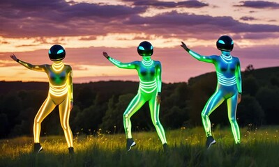A group of aliens in vibrant colors funky hats, dancing to upbeat music in a meadow. UFO hovers colorful lights flashing, creating a party atmosphere, 4k Animation Video