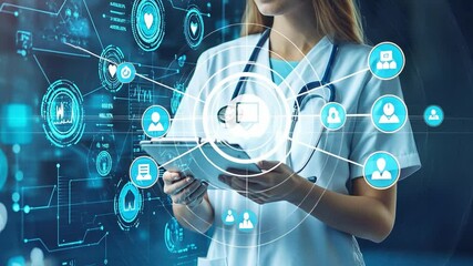 The Future of Healthcare: A young female doctor confidently navigates a digital landscape of medical information on her tablet. With futuristic icons of health data, patients. - Powered by Adobe