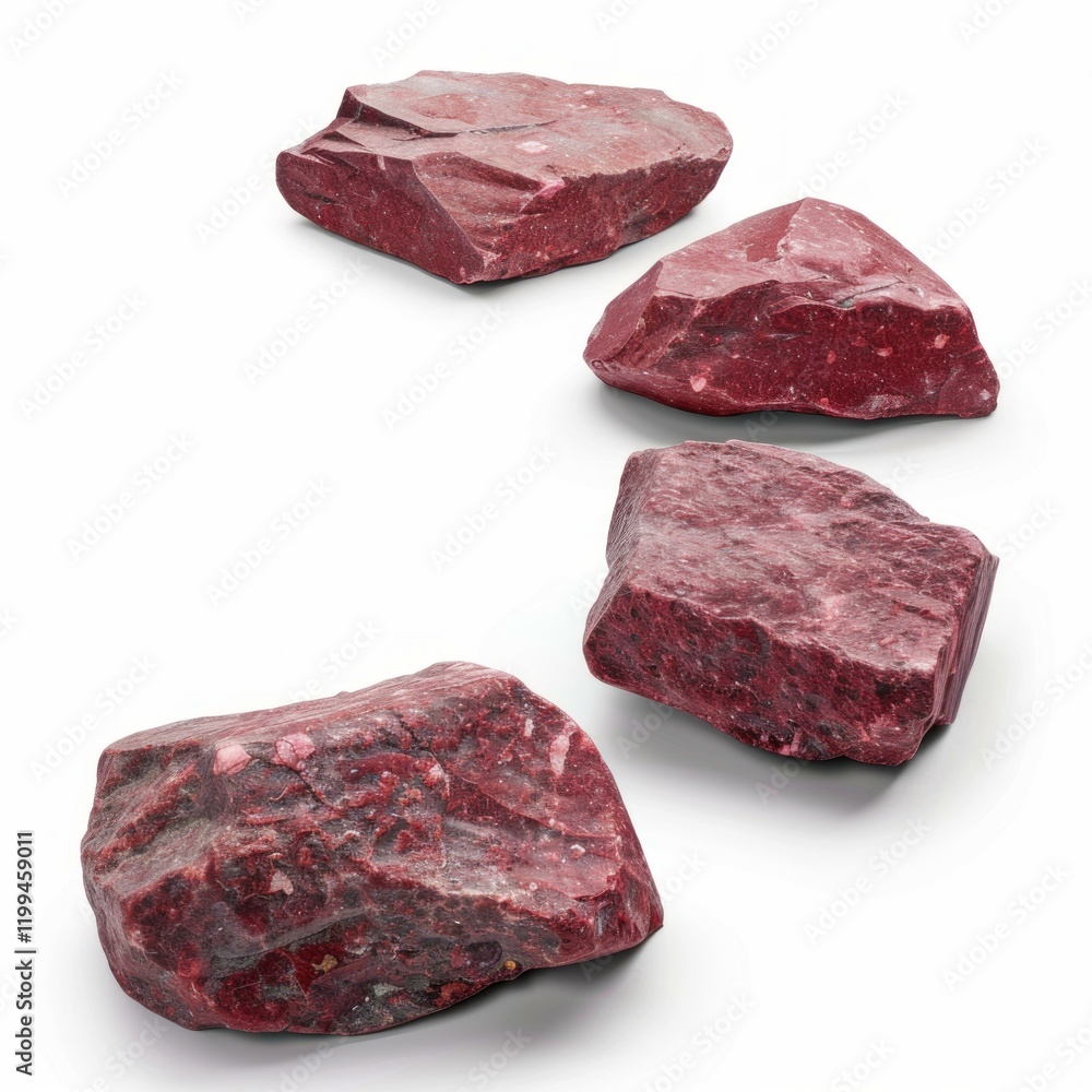 Poster four rough, reddish stones are arranged in a diagonal line on a white background, creating a simple 