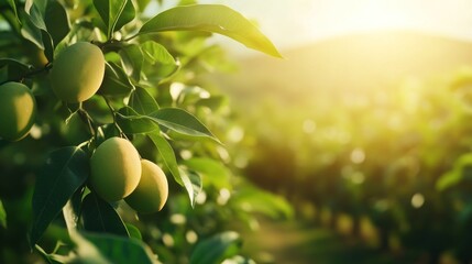 Sunlit Mango Orchard: A Serene Vista of Green Fruit and Golden Haze