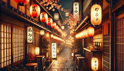 日本の伝統的な路地裏の夜景と提灯　生成AI