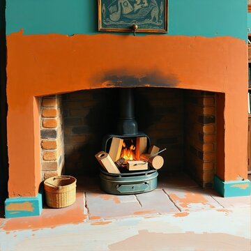 Classic oil painting of an inglenook with terracotta and teal colors, showcasing rich textures and brushstrokes
