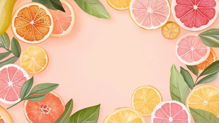 A vibrant arrangement of various citrus fruits and green leaves, creating a fresh and colorful border against a soft pink background.
