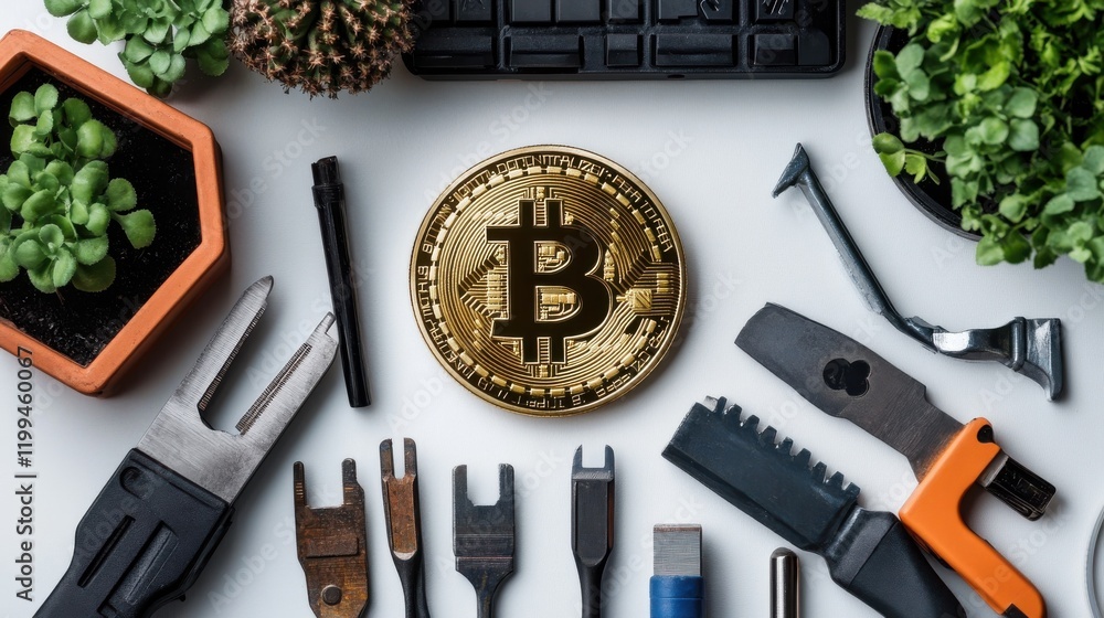 Poster cryptocurrency tools and bitcoin coin arrangement on a workspace with plants and keyboard