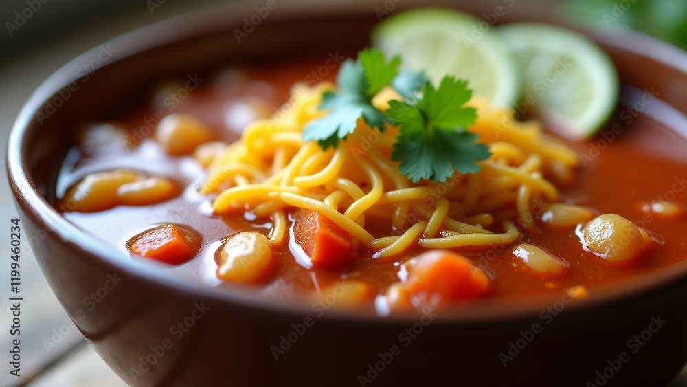 Poster the image is a close-up of a bowl of soup. the soup appears to be a tomato-based dish with chunks of
