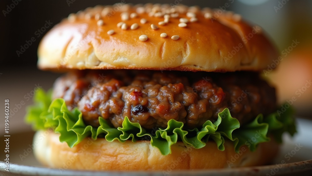 Poster the image is a close-up of a burger on a plate. the burger is made with a sesame seed bun and is top