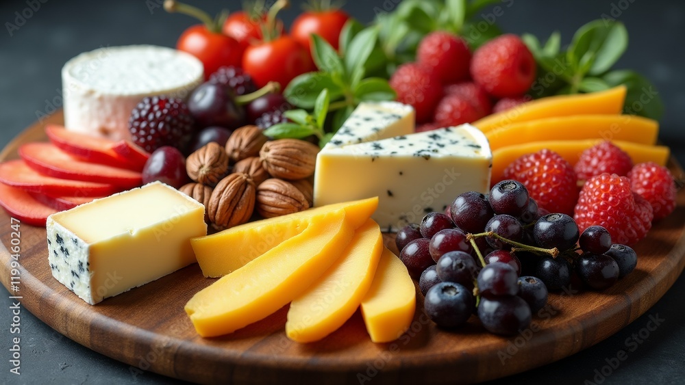 Poster the image is a close-up of a wooden platter with various types of cheese and fruits arranged on it.