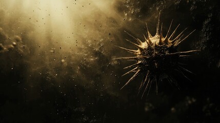 Fototapeta premium Spiky microorganism illuminated by warm light, floating in a textured environment. Close-up emphasizes detail, biological structure, and abstract science concept. Generative AI