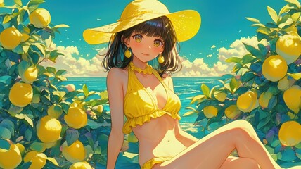 A girl in a yellow bikini and hat sits by a lemon tree, enjoying a bright, sunny day by the ocean.