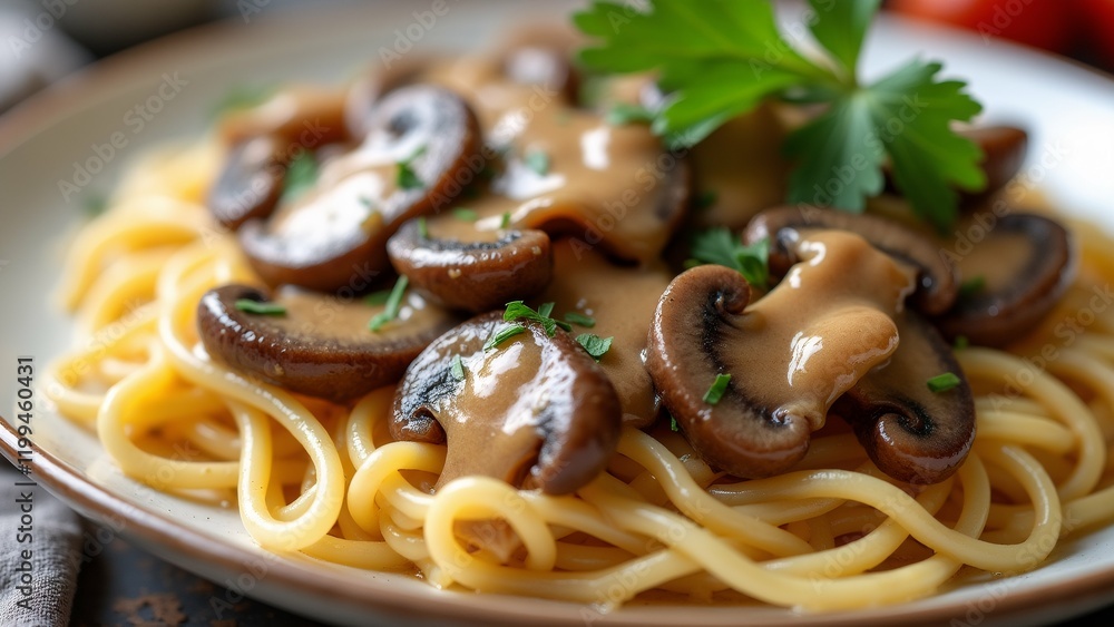 Poster the image shows a plate of spaghetti with mushrooms and a creamy sauce. the spaghetti is cooked al d