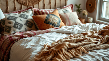 Fototapeta premium Cozy and Chic Boho Bedroom Interior Design: Rustic Textures and Warm Ambiance