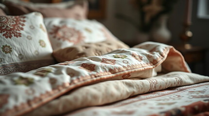 Cozy Bedroom Decor: Soft Bedding, Pillows and Home Interior Design. Peaceful and Serene Atmosphere for Relaxation and Sleep