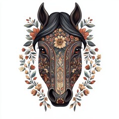 A beautifully decorated horse head featuring intricate floral patterns and vibrant colors, surrounded by leafy branches.