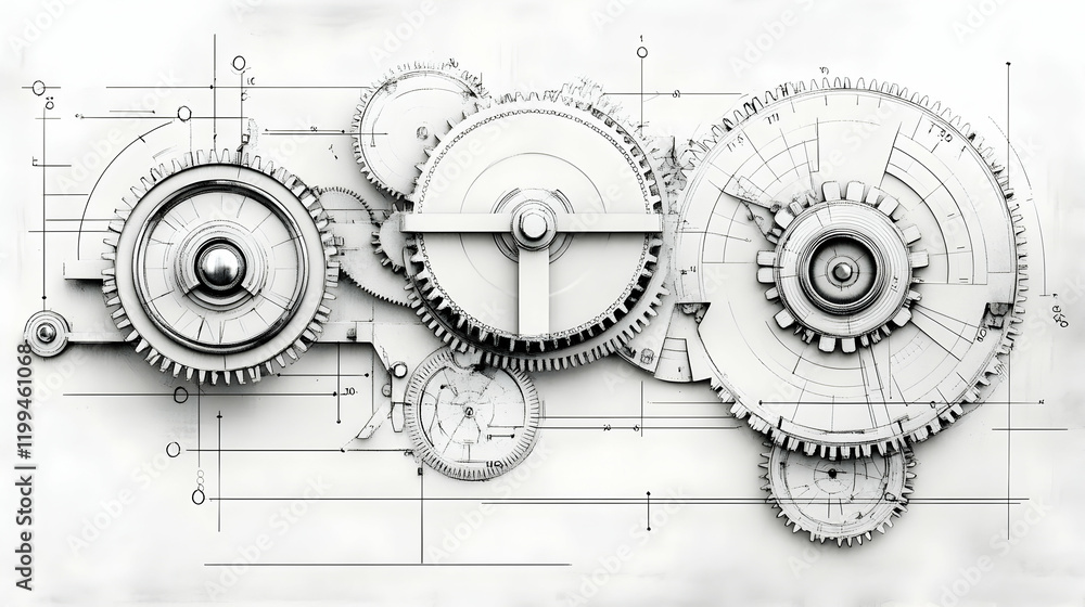 Poster intricate gears and cogs displayed on a technical blueprint, showcasing precision engineering and co