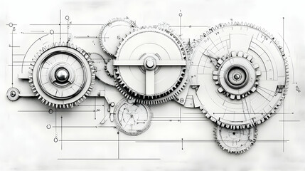 Intricate gears and cogs displayed on a technical blueprint, showcasing precision engineering and complex mechanics.