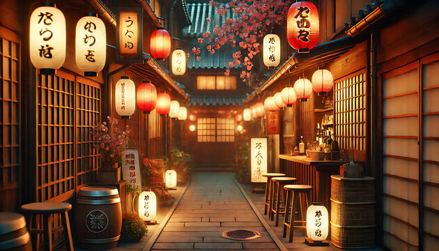 日本の伝統的な路地裏の夜景と提灯　生成AI