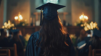Graduation ceremony with students in caps and gowns in dim, warm light inside a building