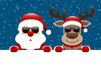 Weihnachtsmann Und Rentier Sonnenbrille Banner Schnee Dunkelblau Dunkelrot