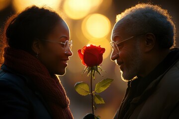Love Blossoms: Joyful Couple African American Exchanging a Rose in Warm Valentine Light Close-Up