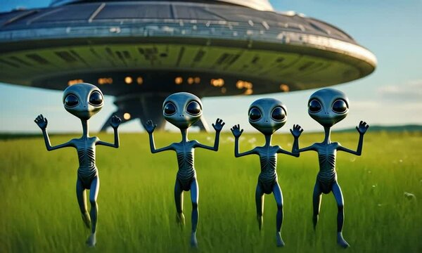 funny aliens dancing in the meadow near the UFO spaceship, 4k Animation Video