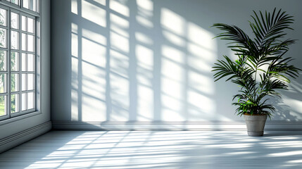 Sunlit Room Interior Design: Minimalist White Space with Potted Palm Plant