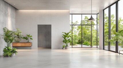 Fototapeta premium Industrial Chic Warehouse Conversion Modern interior with large windows and greenery accents.