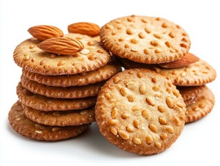 Pile of freshly baked almond cookies on a white background for food photography