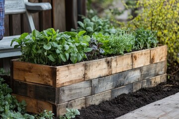 Wooden planter box growing fresh herbs and vegetables in garden