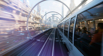 A futuristic city with a sleek train traveling through a transparent tunnel amidst high-tech architecture. Perfect for sci-fi concepts, transportation projects, and urban innovation themes.