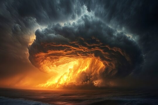 Dramatic burning sky over stormy ocean at sunset