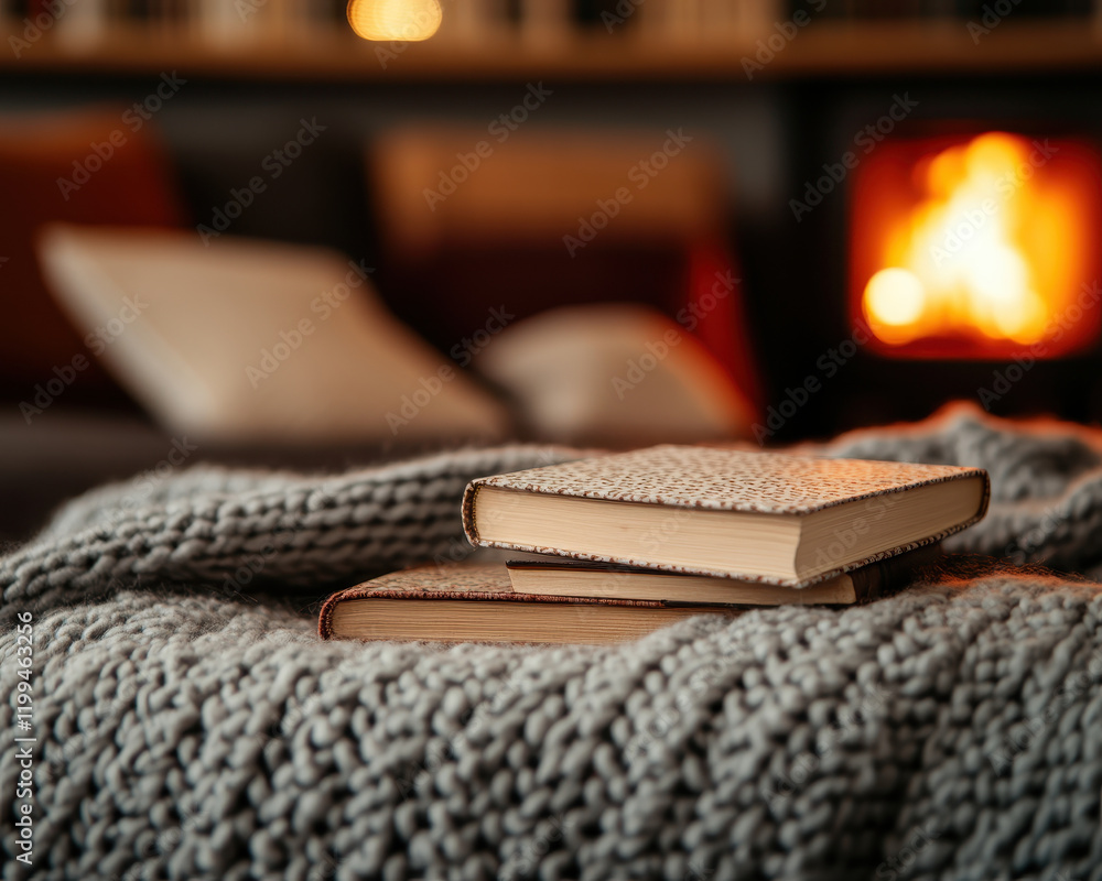 Poster cozy reading session with books on warm knitted blanket near fireplace. inviting atmosphere creates 