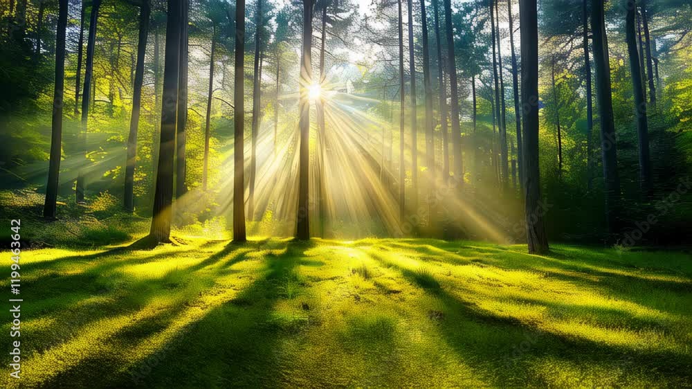 Poster sunlight filters through trees in a serene forest setting during early morning hours