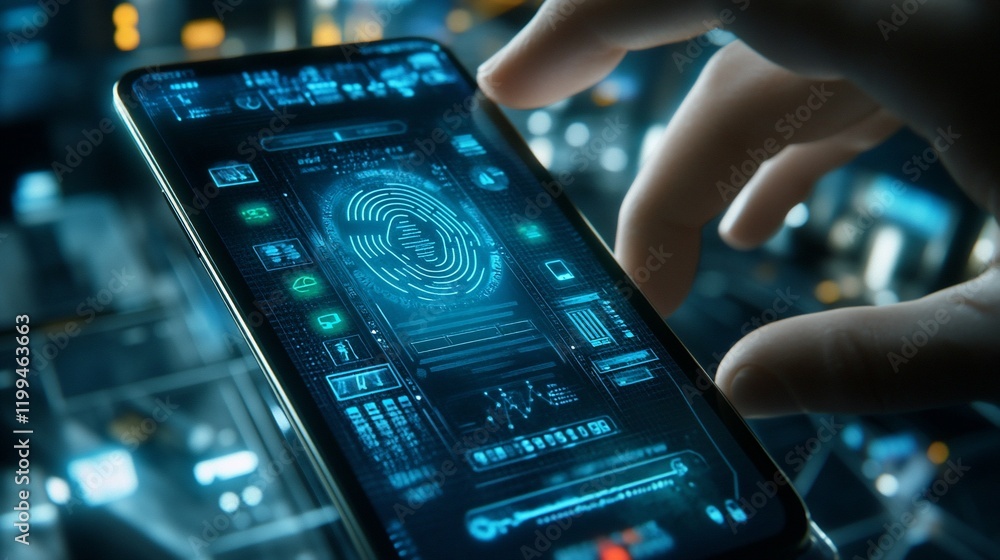 Poster futuristic smartphone interface: biometric authentication and smart home control