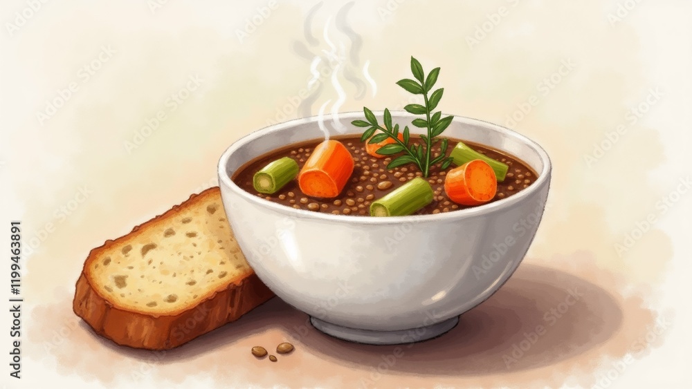 Poster the image is a digital illustration of a bowl of soup with a slice of bread on the side. the soup is